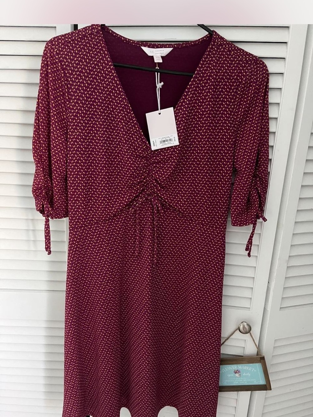 LC Lauren Conrad Burgundy Printed V-Neck Tie-Front Dress